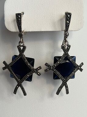 Vintage Sterling Silver onyx marcasite Omega back dangling Earrings
